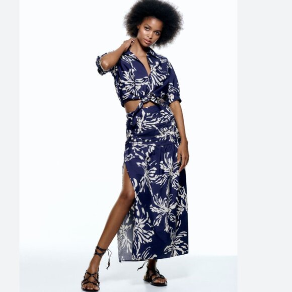 NWOT ZARA MIDI SKIRT IN PRINTED FABRIC BLUE/WHITE SIZE M | 4886/091/044 - Picture 1 of 8